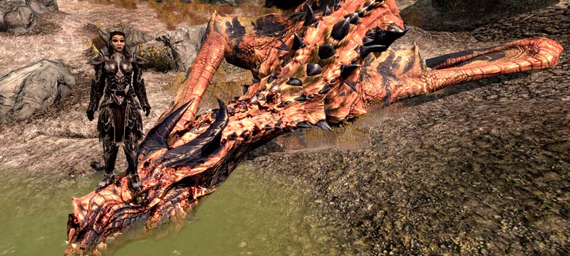 Skyrim Panorama posing on a dragon